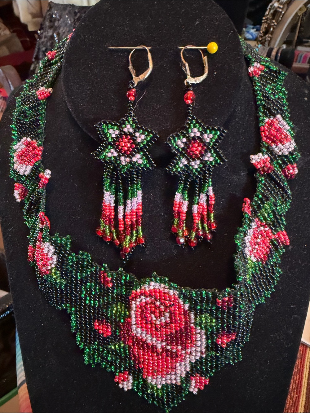 Rose Seed Bead Necklace & Earrings